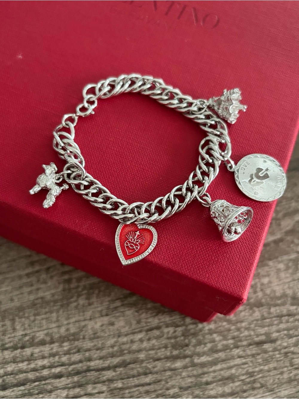 Sterling Silver Red Heart Charm Bracelet